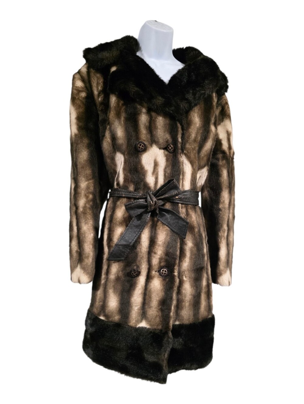 Vintage Faux Fur Coat Brown Cream Stripe Double Breasted Belted Retro Winter M